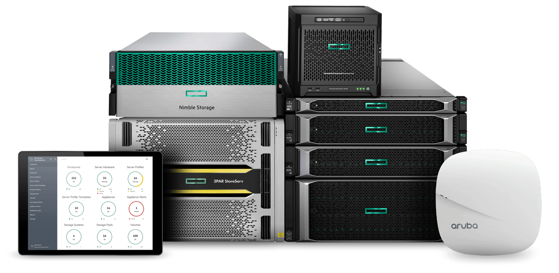 چند سرور hpe به همراه یک تبلت با نرم افزار One View
